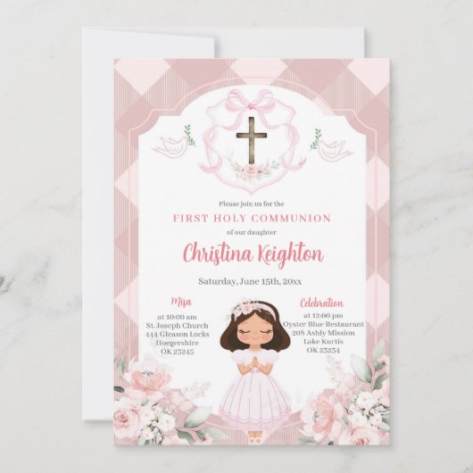 Roze Lint Crest Meisje Eerste Heilige Communie Kaart (Voorkant)
