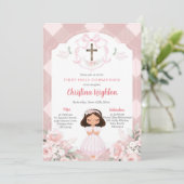 Roze Lint Crest Meisje Eerste Heilige Communie Kaart (Staand voorkant)