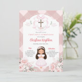 Roze Lint Crest Meisje Eerste Heilige Communie Kaart (Staand voorkant)