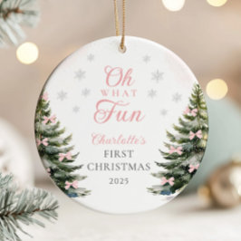 Roze lint dennenboom baby's eerste kerst keramisch ornament