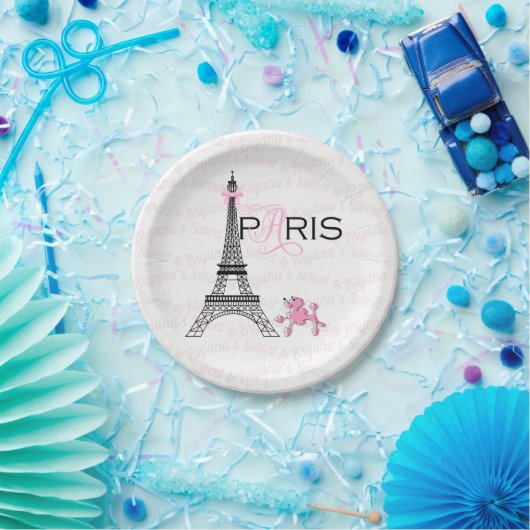 Roze lint Eiffeltoren Parijs Frankrijk Poodle Fees Papieren Bordje (Feest)