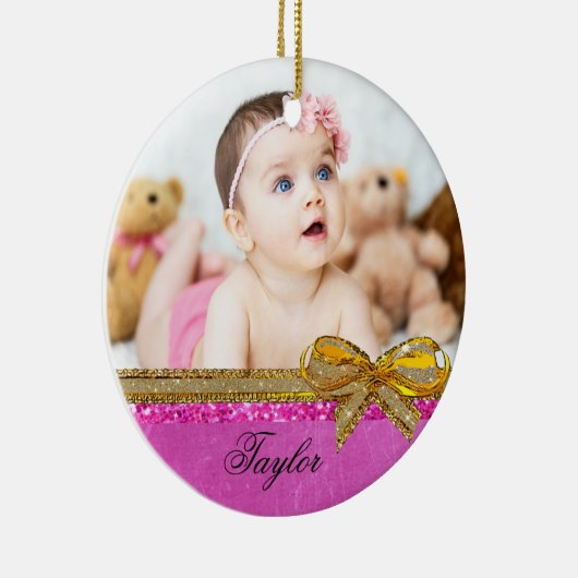 Roze lint en Baby Fotoornament Keepslag Keramisch Ornament (Rechts)