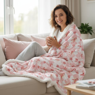 Roze lint en gebloemd geruit  sherpa deken