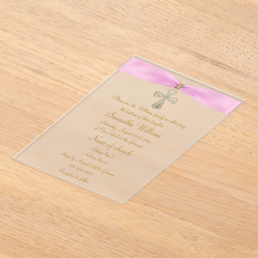 Roze lint en gouden kruisdoop acryl uitnodigingen (Laagn)