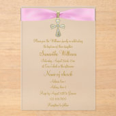 Roze lint en gouden kruisdoop acryl uitnodigingen (Voorkant)