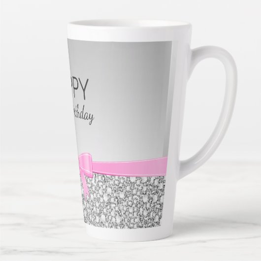 Roze lint en grijs glitter verjaardag latte mok (Rechts)