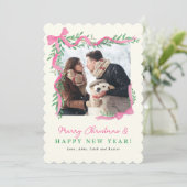 Roze lint- en groenvoorziening Kerst foto kaart (Staand voorkant)