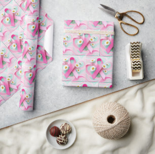 Roze lint en madeliefjes borstkanker bewustzijn cadeaupapier