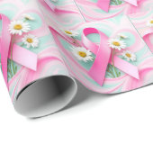Roze lint en madeliefjes borstkanker bewustzijn cadeaupapier (Rol Hoek)