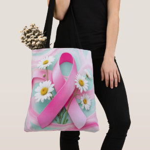 Roze lint en madeliefjes borstkanker bewustzijn tote bag