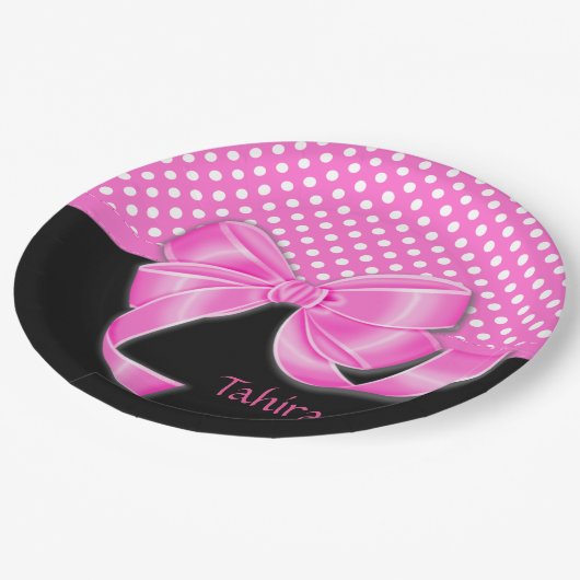 Roze lint- en pooldots papieren bordje (Gekanteld)