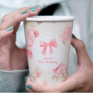 Roze lint en rozen Coquette 1e verjaardag Papieren Bekers