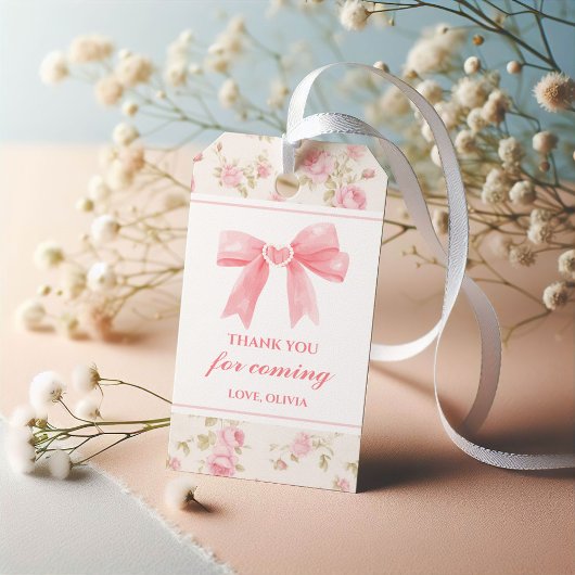 Roze lint en rozen Coquette verjaardag Cadeaulabel