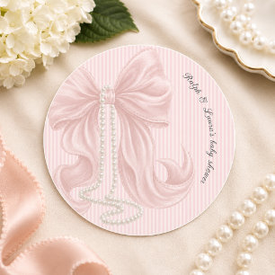 Roze lint en strepen baby shower ronde sticker