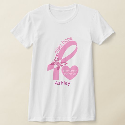 Roze lint en vlinder Overlevende borstkanker T-shirt (Laagn)