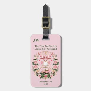 Roze lint golfkarretje bloemmonogram vrouwen golfe bagagelabel