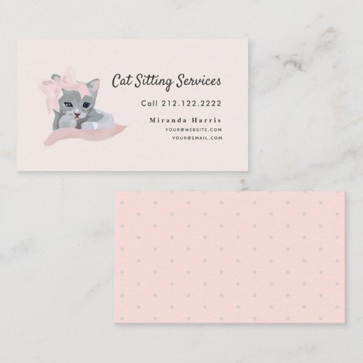 Roze Lint Grijs Kitten Kat Zittend Visitekaartje (Voorkant / Achterkant)
