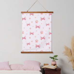 Roze lint, hart & poot print patroon - Zacht roze Hangend Wandkleed