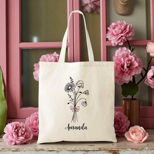 Roze lint in bloemmotief voor bruidsmeisje tote bag