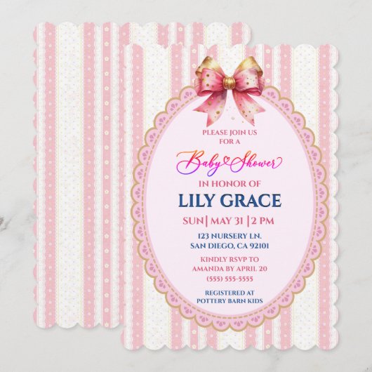 Roze lint & kanten babyshower uitnodiging (Voorkant / Achterkant)
