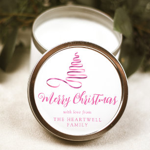 Roze lint kerstboom Prettig Kerstfeest Script Ronde Sticker