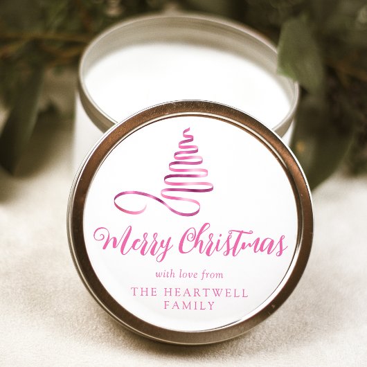 Roze lint kerstboom Prettig Kerstfeest Script Ronde Sticker