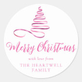 Roze lint kerstboom Prettig Kerstfeest Script Ronde Sticker (Voorkant)