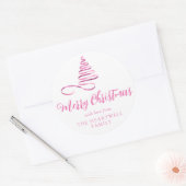 Roze lint kerstboom Prettig Kerstfeest Script Ronde Sticker (Envelop)