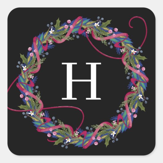 Roze lint kerstkrans vierkante sticker (Voorkant)