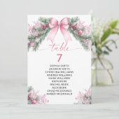 Roze lint kersttafel nummer zitplaatsindeling kaart (Staand voorkant)