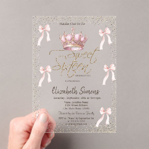 Roze Lint Koninklijke Kroon Confetti Sweet 16 Acryl Uitnodigingen