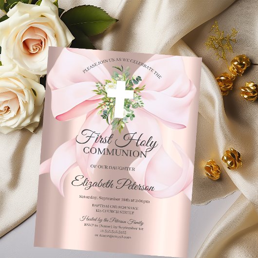 Roze lint kruis doet de eerste heilige communie  kaart