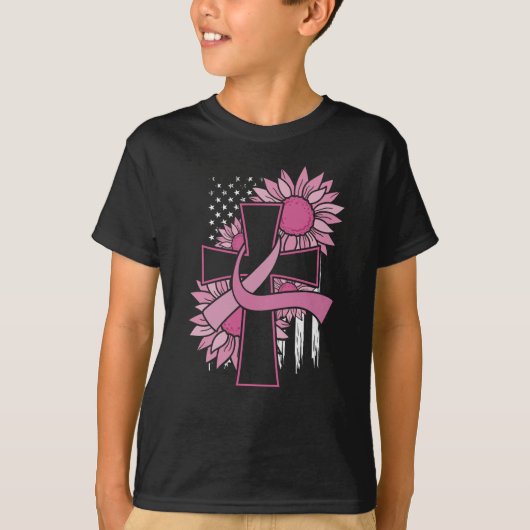 Roze Lint Kruis Zonnebloem Borstkanker Geloof T-shirt (Voorkant)