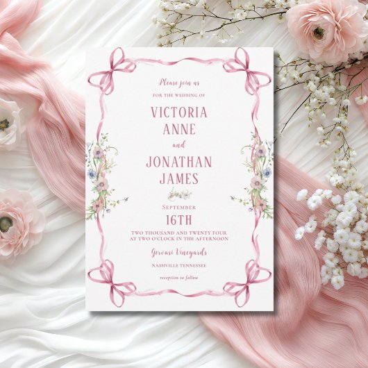 Roze lint Lijst Floral Whimsical Wedding Kaart