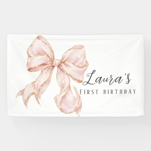 Roze Lint Meisje Eerste Verjaardag Spandoek (Horizontaal)