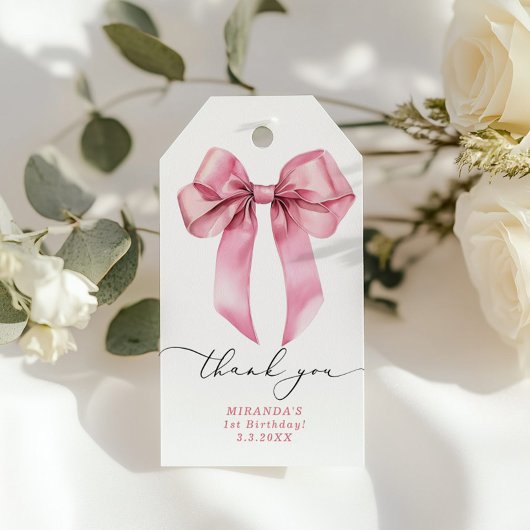 Roze lint meisje Verjaardagsfeestje dank je Cadeaulabel