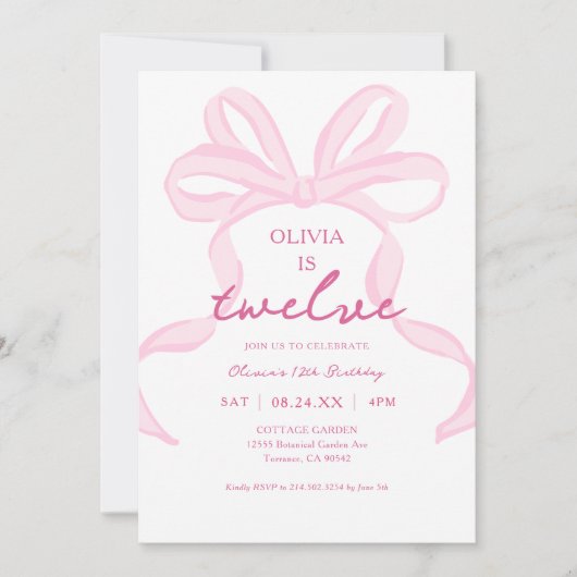 Roze lint meisjesachtig coquet meisjes 12e verjaar kaart (Voorkant)