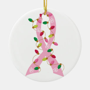 Roze lint met kerstverlichting borstkanker keramisch ornament
