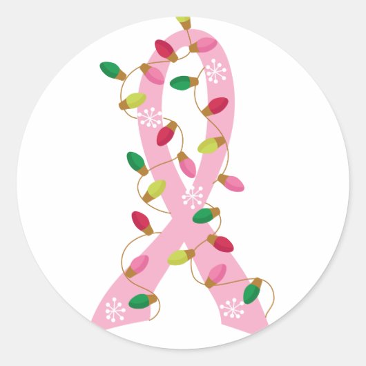 Roze lint met kerstverlichting borstkanker ronde sticker (Voorkant)
