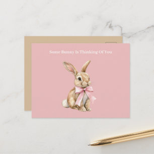 Roze lint met roomkleurige strik Some Bunny denkt Briefkaart
