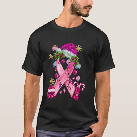 Roze lint met Santa Hat borstkanker bewustzijn T-shirt (Voorkant)