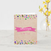 Roze lint met witte grenspodots Welkom Kaart (Gele Bloem)