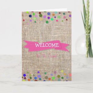 Roze lint met witte grenspodots Welkom Kaart