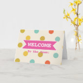 Roze lint met witte rand Kleurrijke Polka Dots Kaart (Gele Bloem)