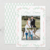 Roze lint mistletoe groen christmas twee foto's feestdagenkaart (Voorkant / Achterkant)