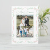 Roze lint mistletoe groen christmas twee foto's feestdagenkaart (Staand voorkant)