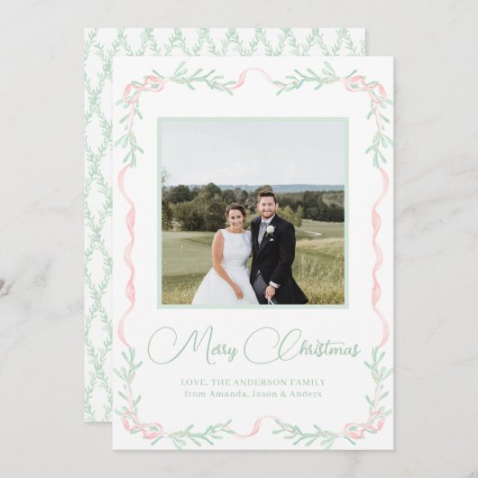 Roze lint mistletoe groen Kerst foto  Feestdagenkaart (Voorkant / Achterkant)