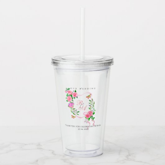 Roze lint monogram bruiloft acryl drinkbeker (Voorkant)