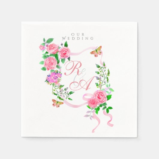 Roze lint monogram bruiloft servet (Voorkant)