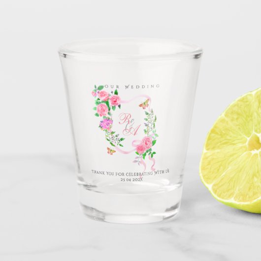 Roze lint monogram bruiloft shot glas (Voorkant)